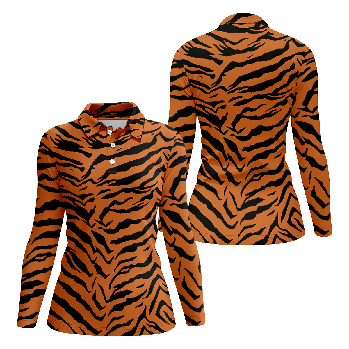 Bold Orange Black Tiger Stripe Animal Print Golf Shirt, Women Golf Shirts, Golf Apparel For Ladies