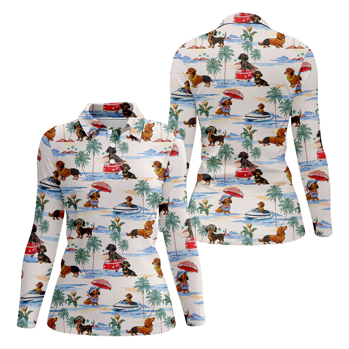Tropical Dachshund Beach Pattern Hawaiian Golf Polo, Golf Tops For Women, Golfing Apparel