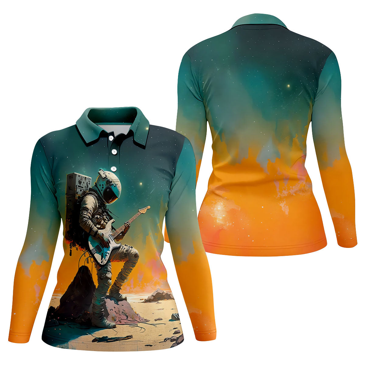 Astronaut Rock Guitar Teal Sunset Hawaiian Golf Polo, Golf Tops For Women, Golfing Apparel