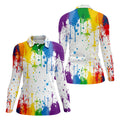 Rainbow Paint Splatter LGBT Support Ladies Golf Tops, Pride Month Golf Shirt For Women