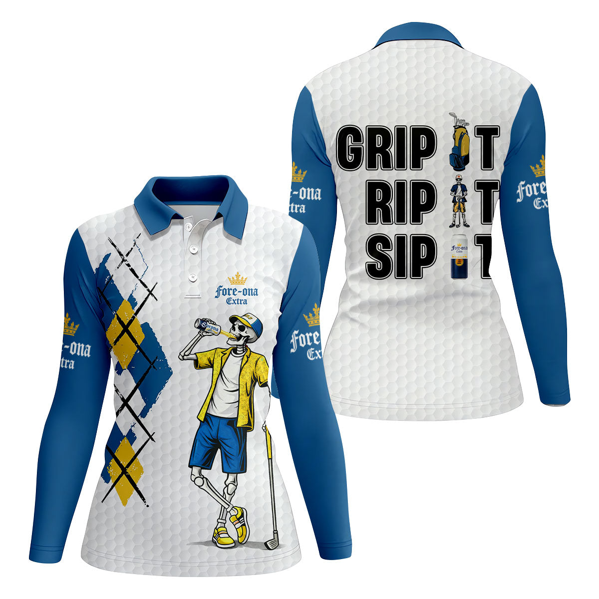 Fore-Ona Extra Blue Yellow Skeleton Golfer Beer Polo Shirt, Women’s Golf Apparel, Golf Shirts For Women