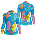 Retro Colorful Dinosaur Pattern Golf Shirt, Women's Golf Tops, Golf Shirts For Women