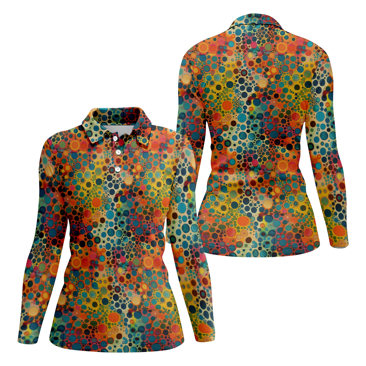 Vibrant Overlapping Dot and Circle Design Hawaiian Golf Polo, Golf Tops For Women, Golfing Apparel