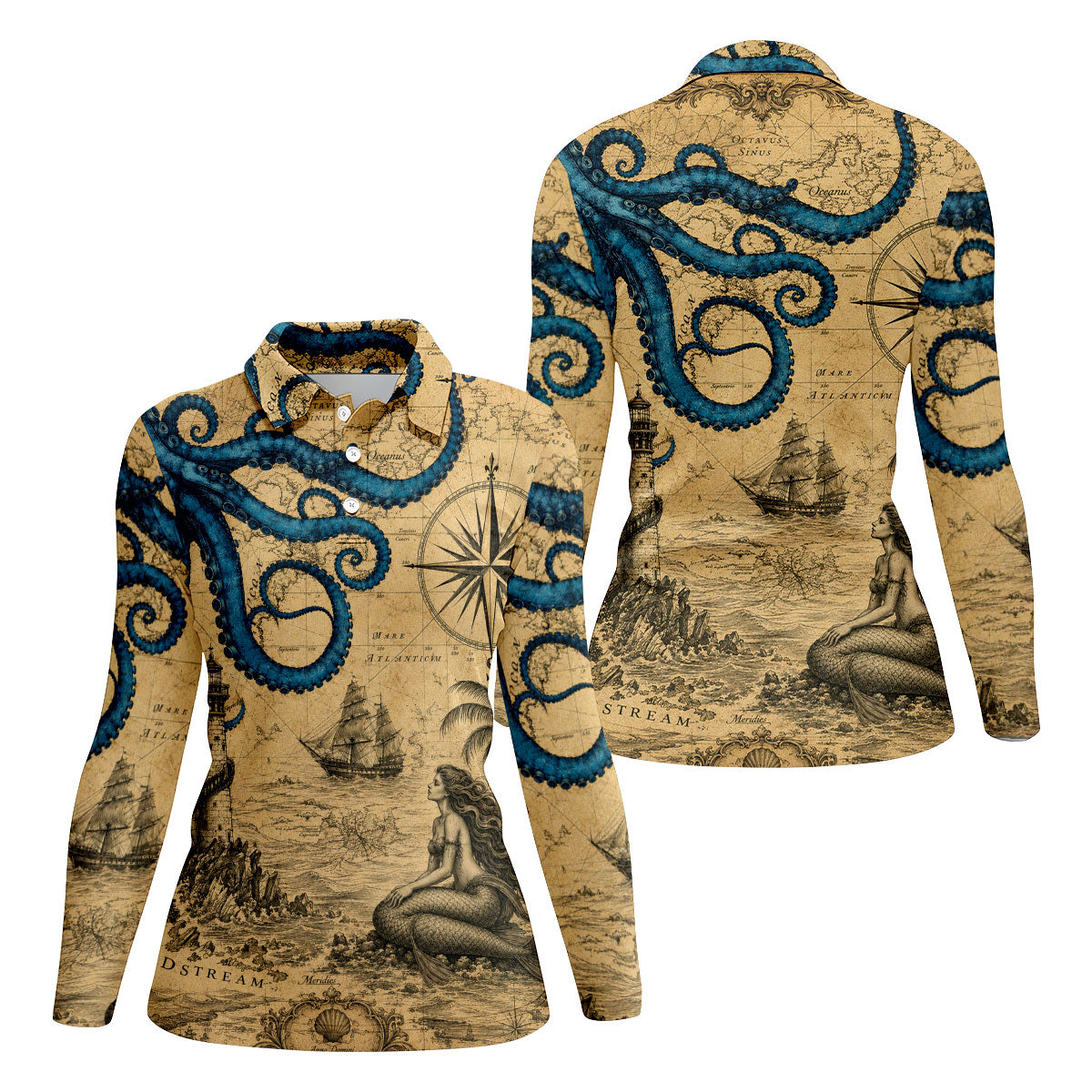 Mermaid Princess Vintage Nautical Hawaiian Golf Shirt, Women's Golf Tops, Ladies Golf Shirts