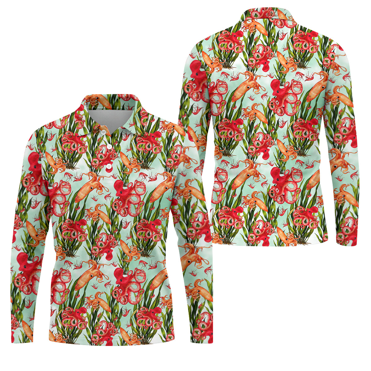 Tropical Cephalopods Among Seaweed  Hawaiian Golf Polo, Golf Tops For Men, Golfing Apparel