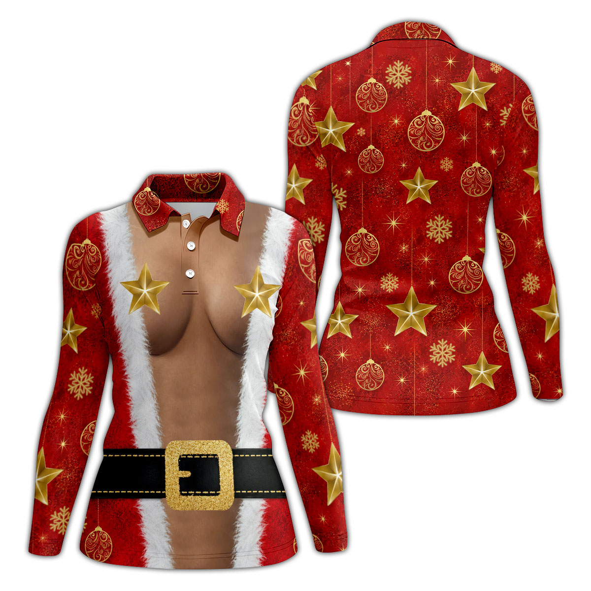 Santa Suit Gold Stars Christmas Golf Shirt, Women’s Golf Polo, Golf Tops For Women