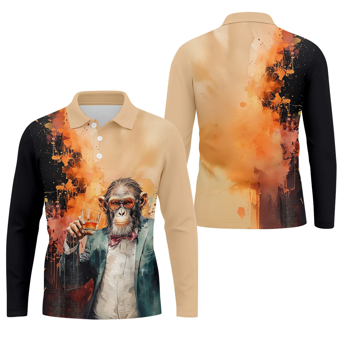 Gentleman Monkey Whiskey Golden Sunset Hawaiian Golf Polo, Golf Tops For Men, Golfing Apparel