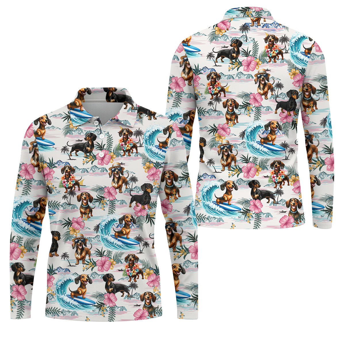 Cartoon Dachshund Tropical Theme Hawaiian Golf Shirt, Men's Golf Shirt, Polo Shirts For Men