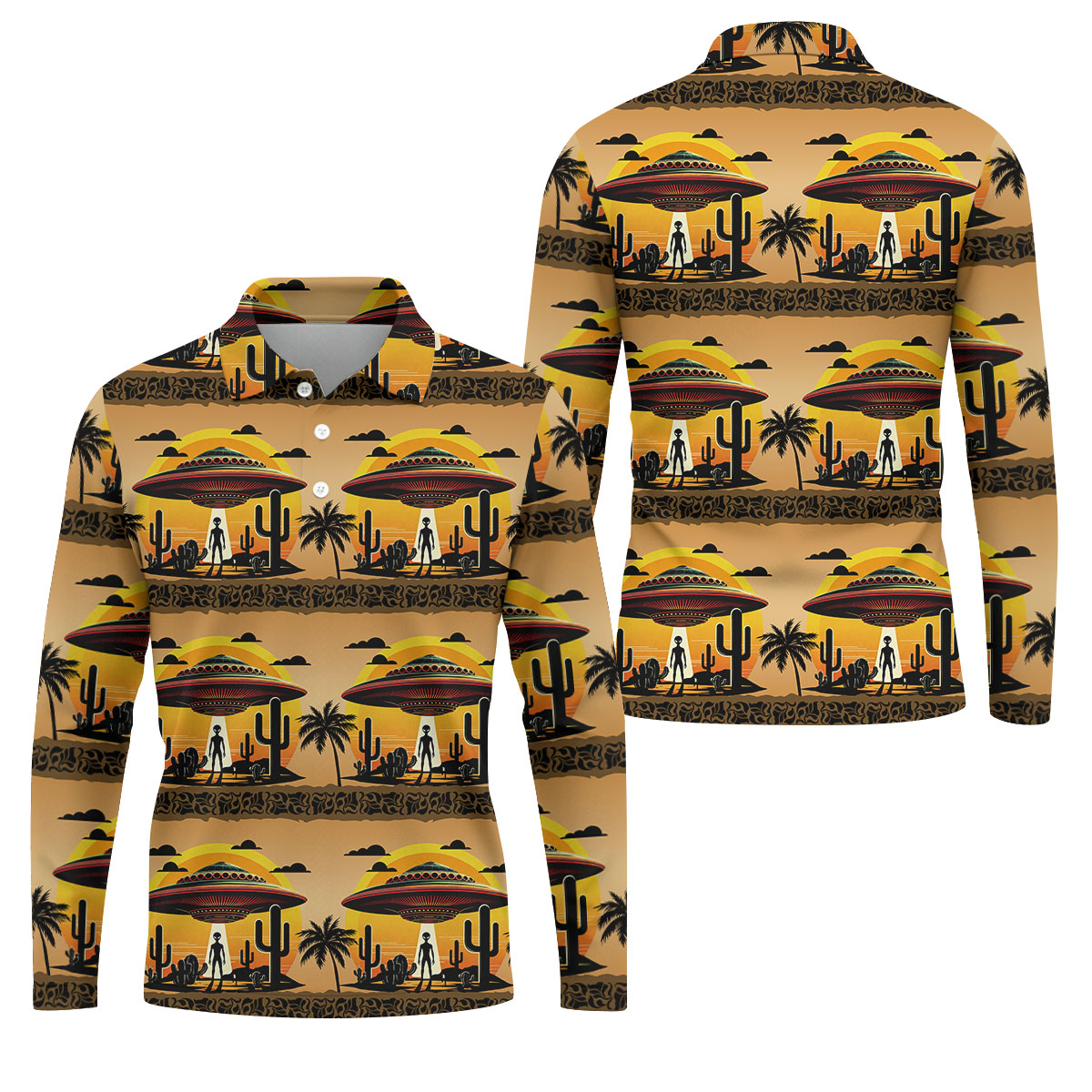 UFOs, Aliens and Cactus Desert Scene Hawaiian Golf Polo, Golf Tops For Men, Golfing Apparel