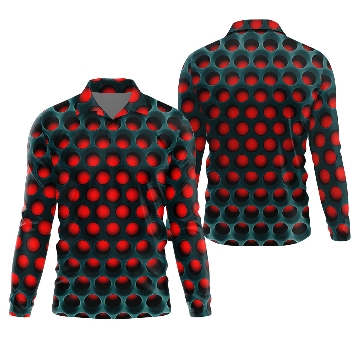 3D Effect Circular Pattern Red Golf Shirt, Cool Golf Outfit, Men's Funny Golf Shirts, Polo Shirts For Men