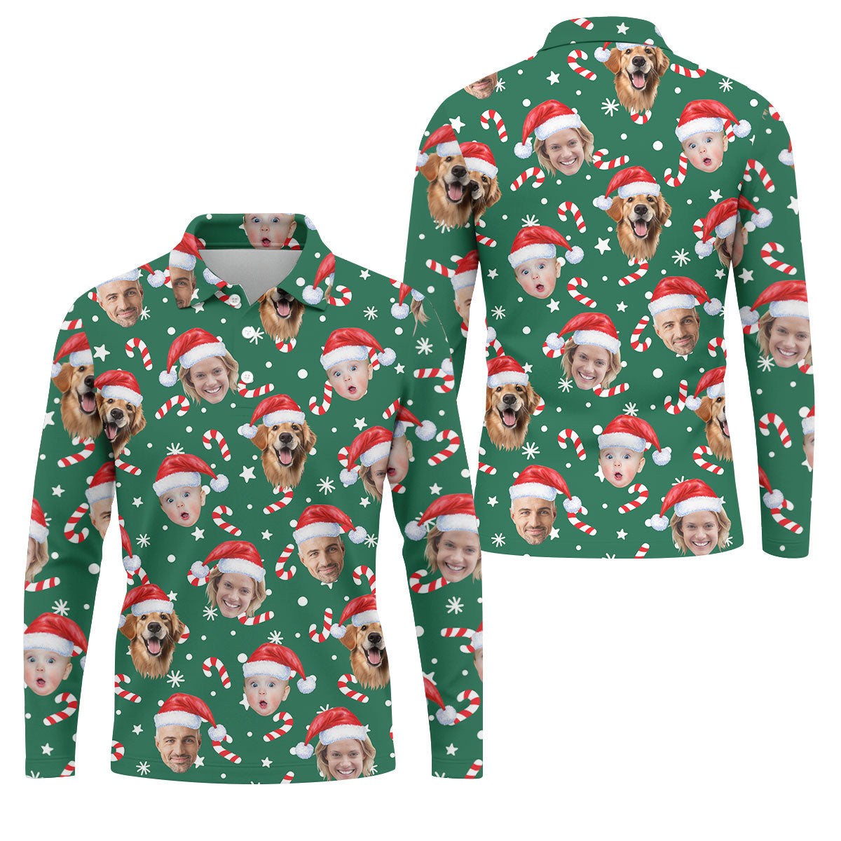 Custom Face Candy Cane Pattern Green Golf Shirt, Christmas Golf Shirt, Polo Shirts For Men, Golf Gift For Men