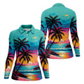Tropical Sunset Palm Tree Hawaiian Golf Shirt, Ladies Golf Shirt, Womens Golf Tops
