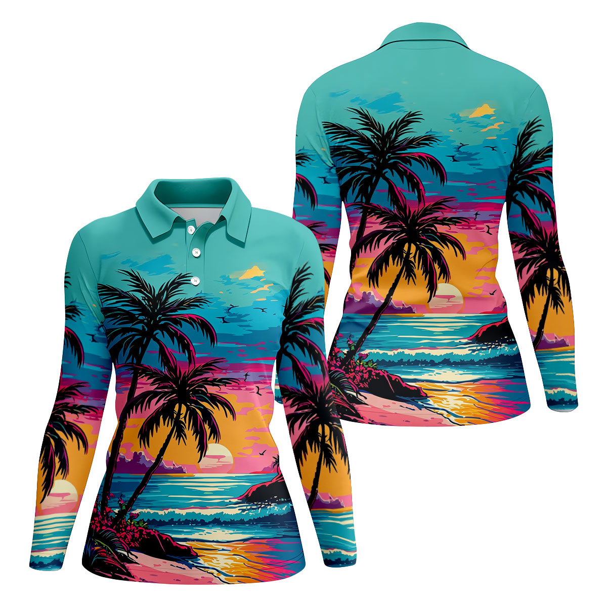 Tropical Sunset Palm Tree Hawaiian Golf Shirt, Ladies Golf Shirt, Womens Golf Tops