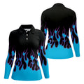 Black Cyan Purple Flame Sleeve Golf Shirt, Women's Golf Tops, Women’s Golf Apparel