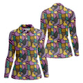 Halloween Patchwork Pattern Golf Polo Shirt, Women's Golf Tops, Golf Polo For Women