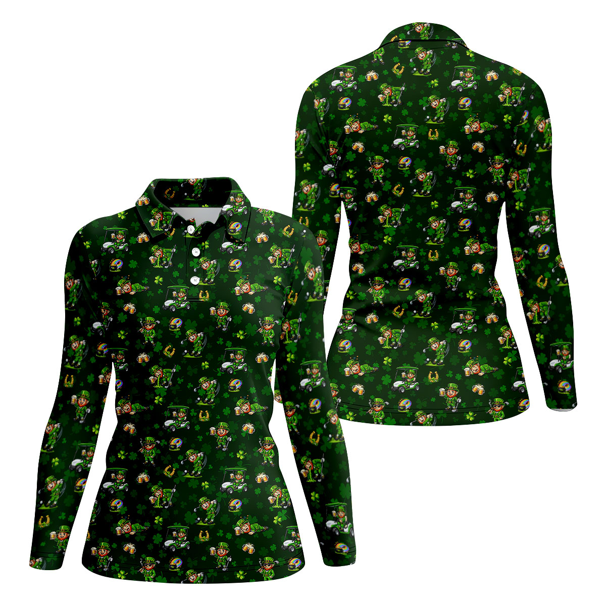 St Patrick's Day Leprechaun Golf Pose Shamrock Golf Shirt, Fun Women's Golf Shirts, Ladies Golf Polos
