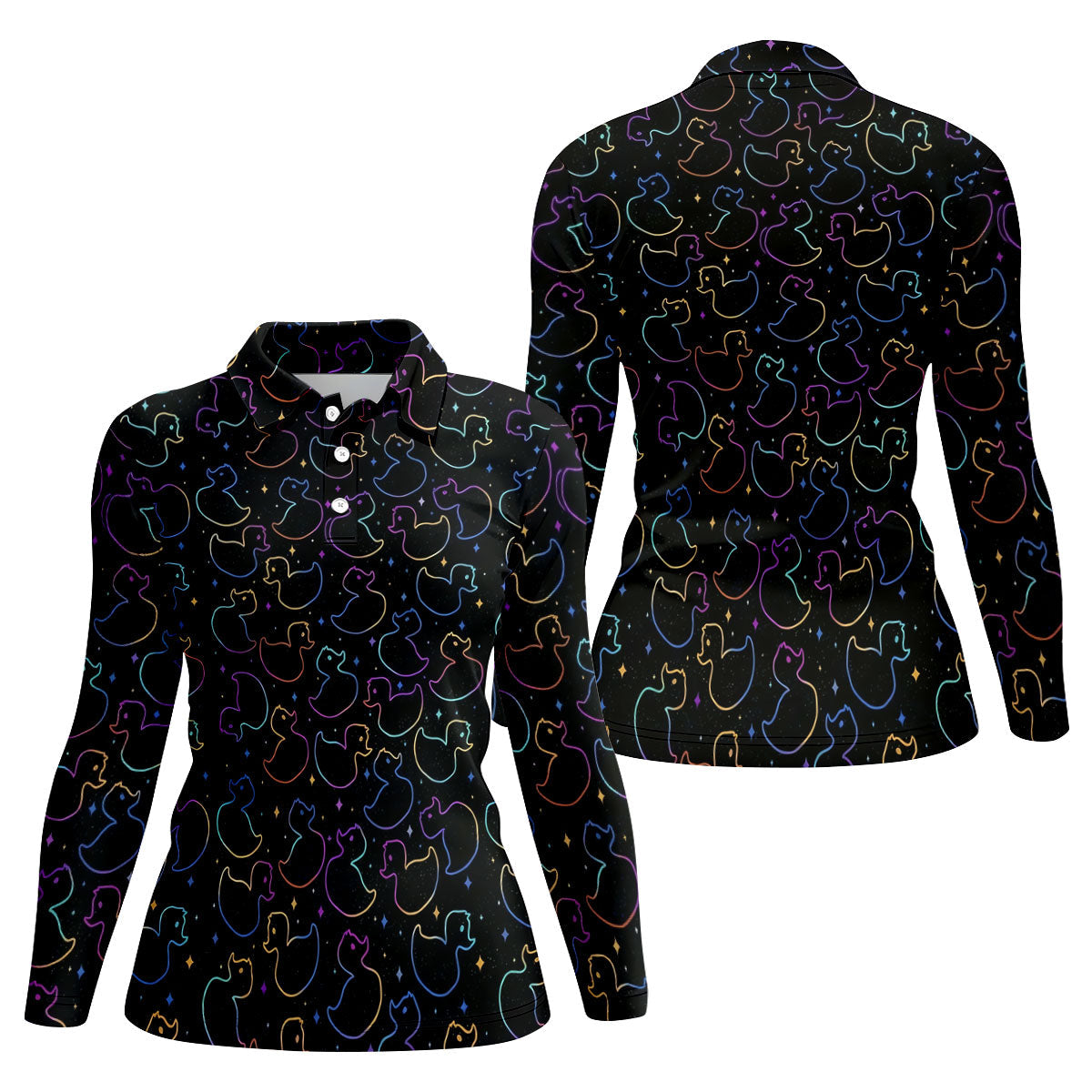 Neon Rubber Duck Pattern Golf Shirt, Ladies Golf Tops, Hawaiian Golf Shirt, Golf Tops For Women