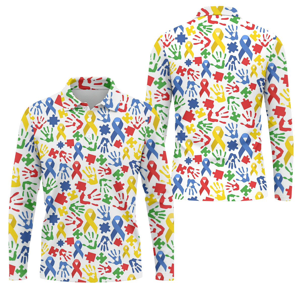 Autism Ribbon Colorful Puzzle Pieces Handprints Golf Tops For Men, Polo Shirts For Men, Golf Shirts For Men
