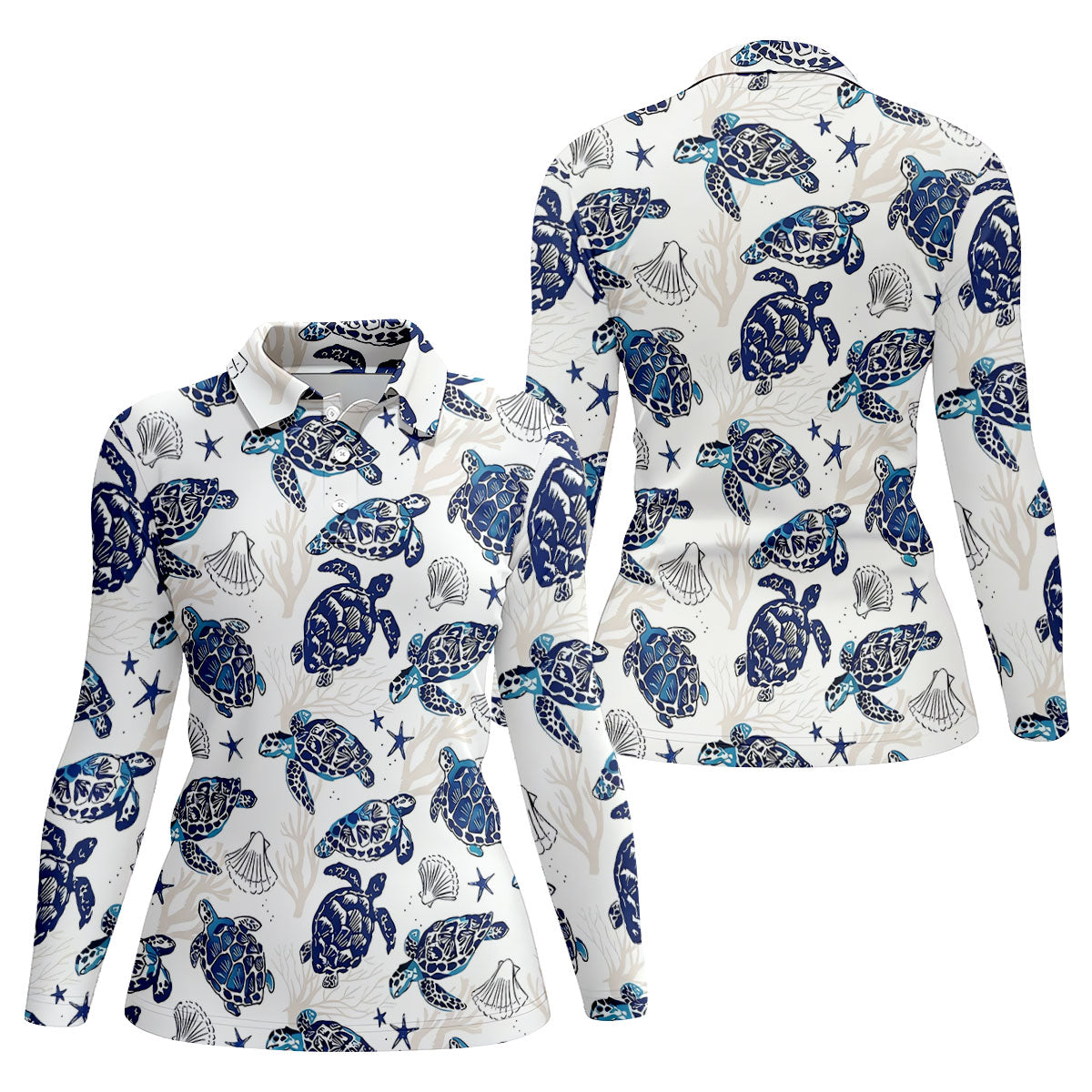Sea Turtle, Starfish, Seashells and Coral Reef Art Hawaiian Golf Polo, Golf Tops For Women, Golfing Apparel
