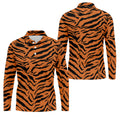 Bold Orange Black Tiger Stripe Animal Print Golf Shirt, Mens Golf Shirts, Golf Apparel For Men