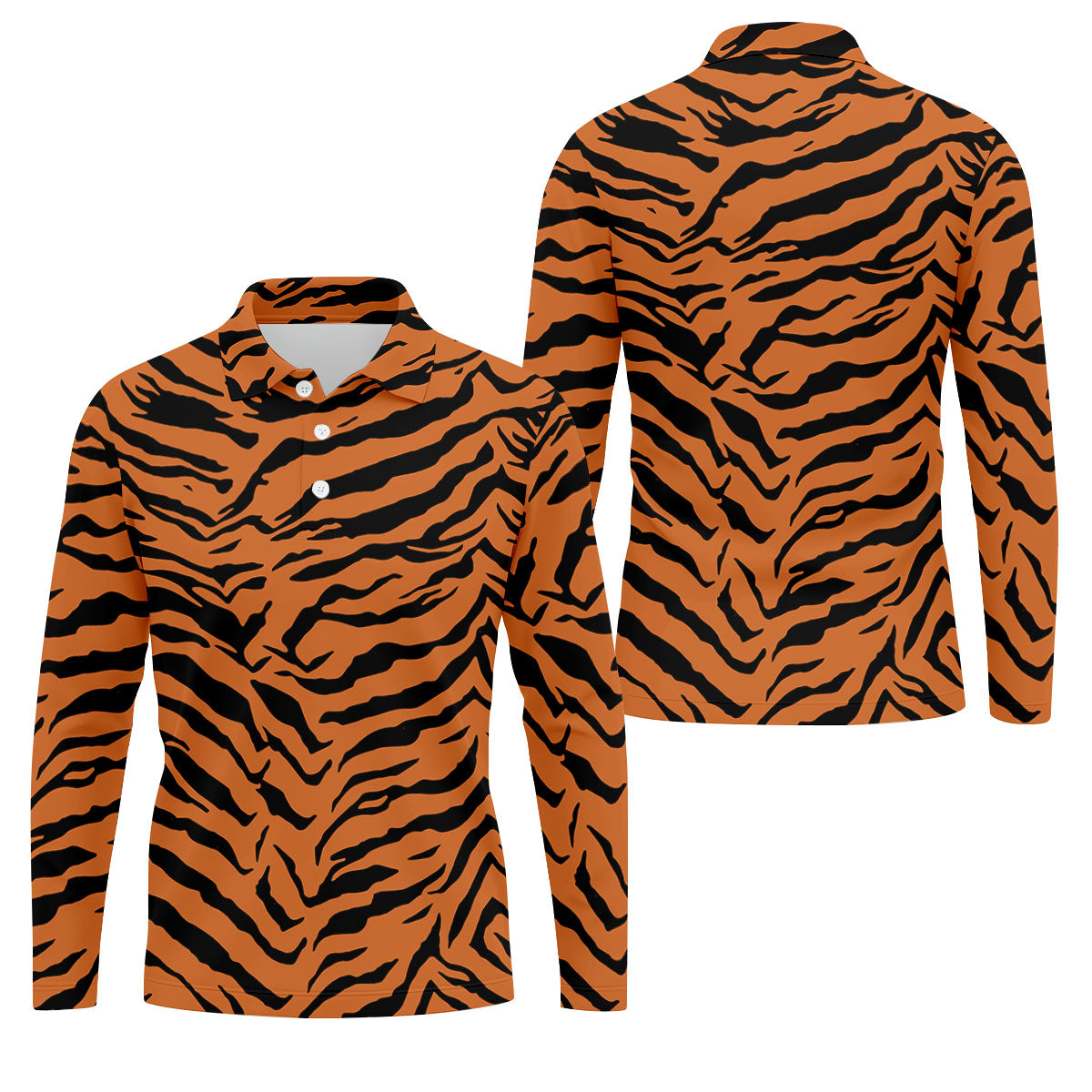 Bold Orange Black Tiger Stripe Animal Print Golf Shirt, Mens Golf Shirts, Golf Apparel For Men