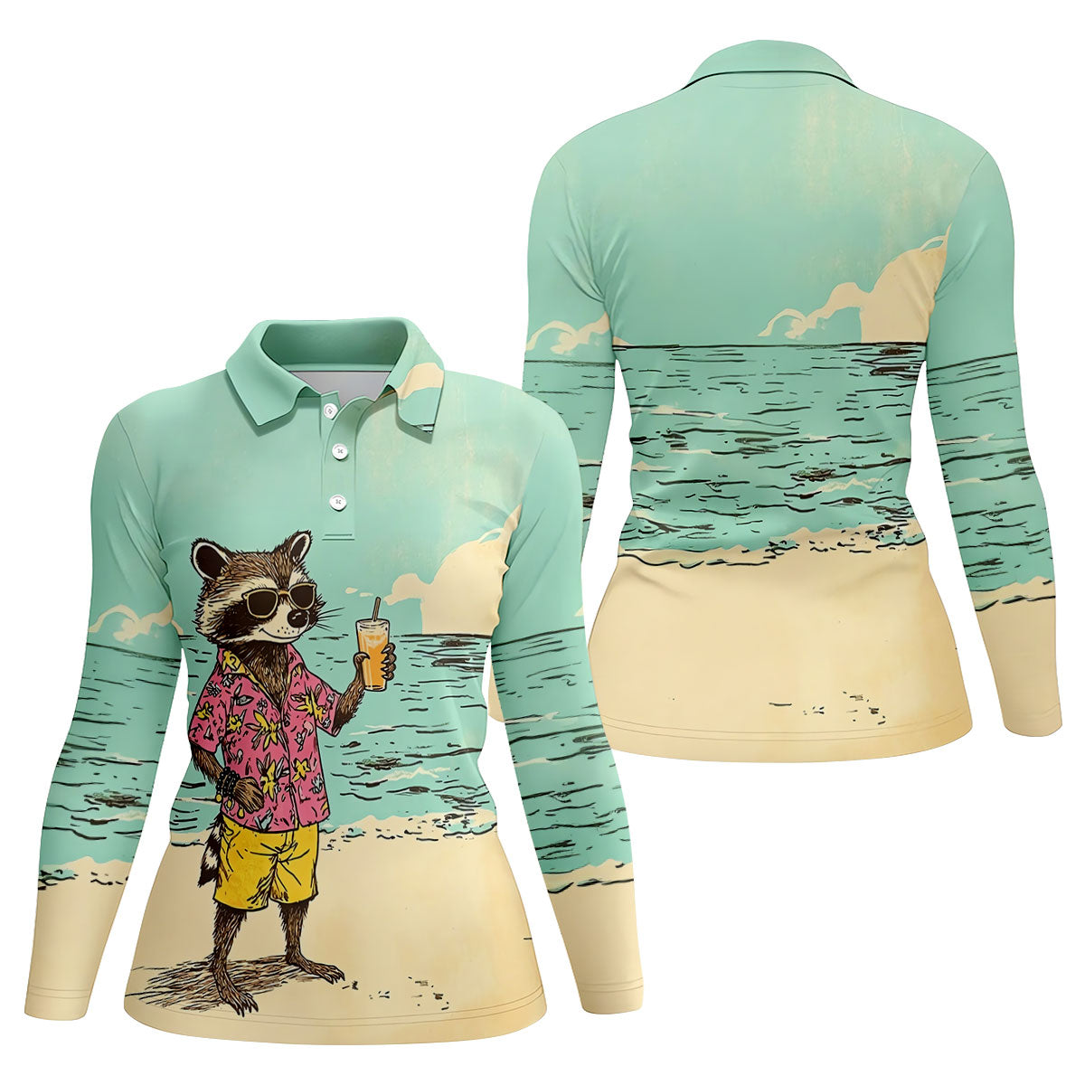 Raccoon Tropical Beach Escape Hawaiian Golf Shirt, Women's Golf Tops, Ladies Golf Shirts