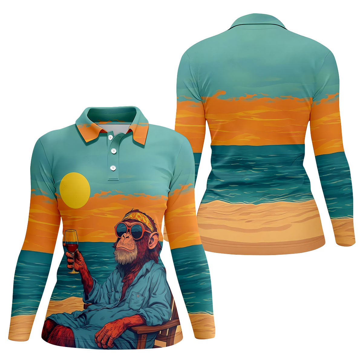 Monkey Gentleman Sunset Coast Hawaiian Golf Shirt, Women's Golf Tops, Ladies Golf Shirts