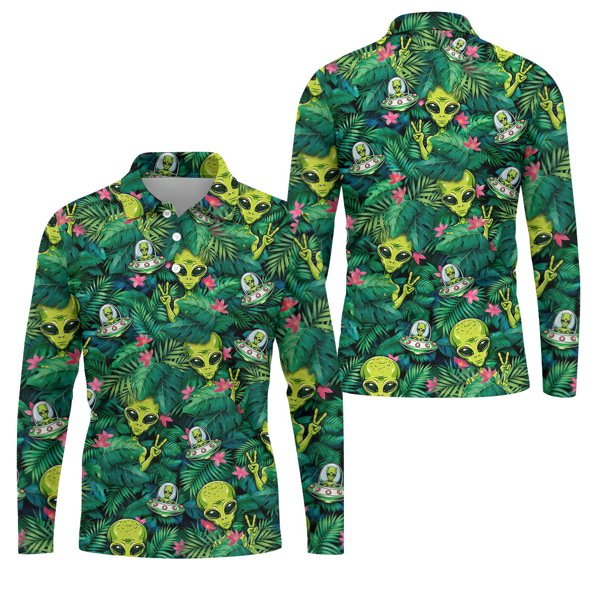 UFO and Alien Tropical Forest Hawaiian Golf Polo, Golf Tops For Men, Golfing Apparel