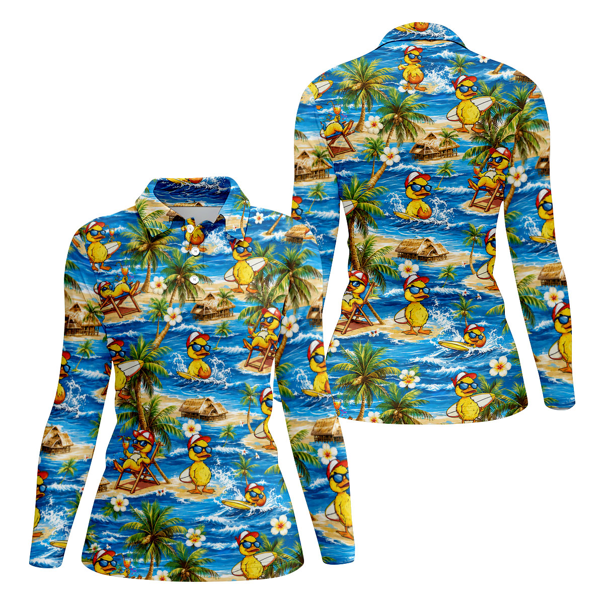 Yellow Rubber Duck Beach Theme Hawaiian Golf Shirt, Women's Golf Tops, Ladies Golf Shirts