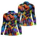 Colorful Cat Sunglasses Paint Splash Golf Shirt, Women's Golf Tops, Performance Golf Shirt