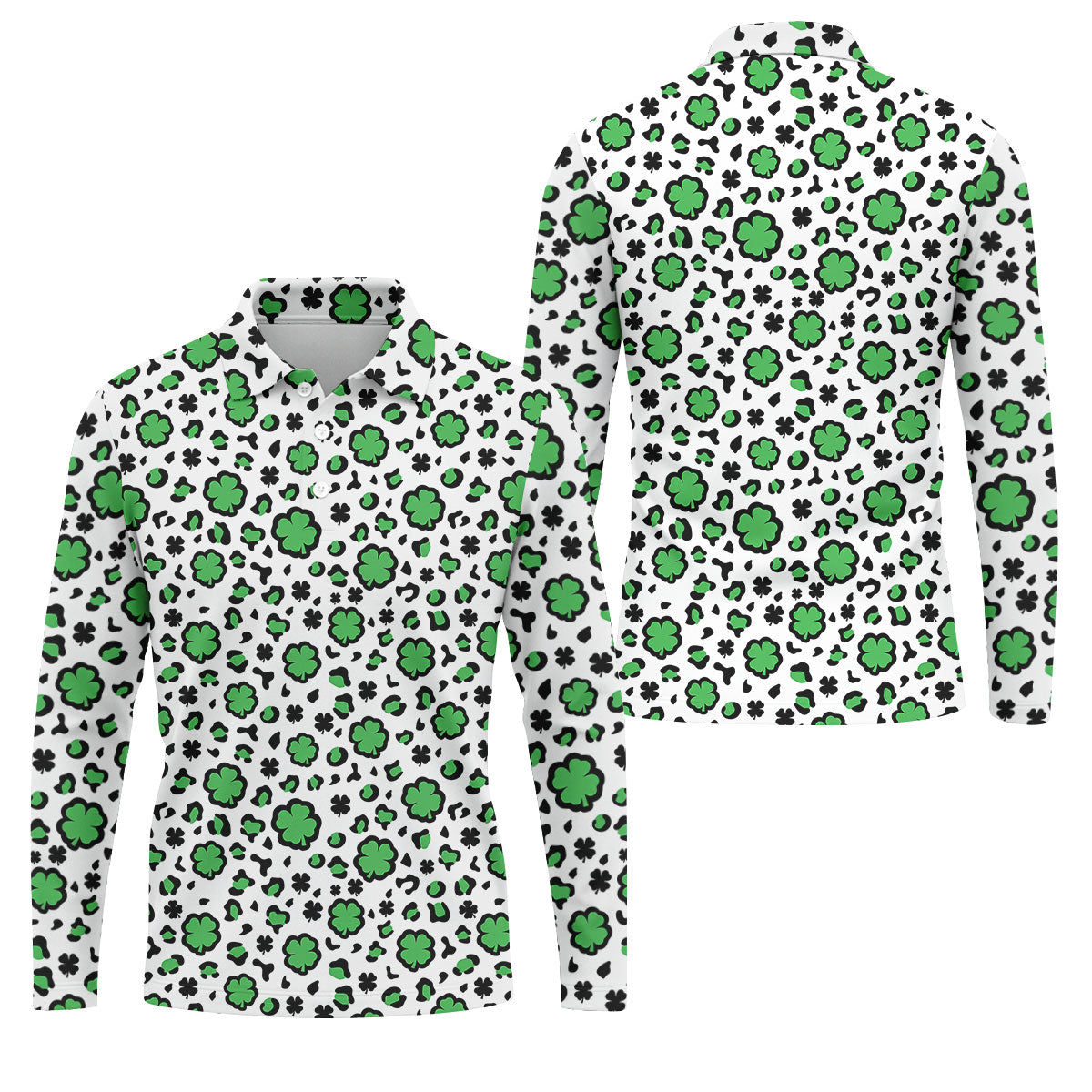 Lucky Four Leaf Clover Leopard Pattern St Patrick's Day Golf Shirt, Polo Shirts For Men, Golf Shirts For Men