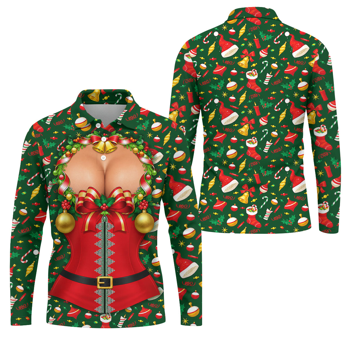 Festive Christmas Corset Bow Golf Polo Shirt, Christmas Golf Shirt, Mens Golf Apparel
