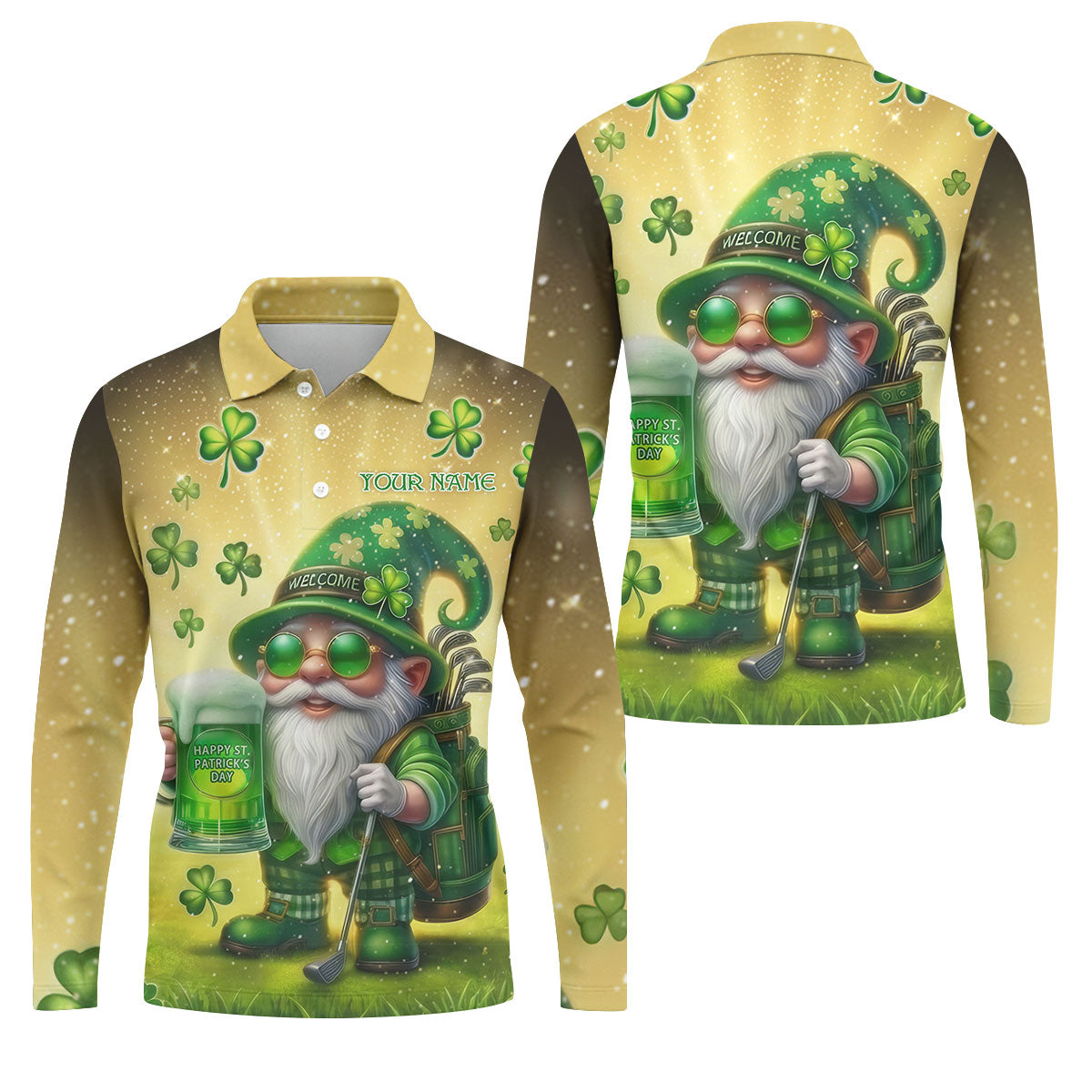 Happy St Patrick's Day Shamrock Gnome Golf And Beer Polo Shirts For Men, Golf Shirts For Men
