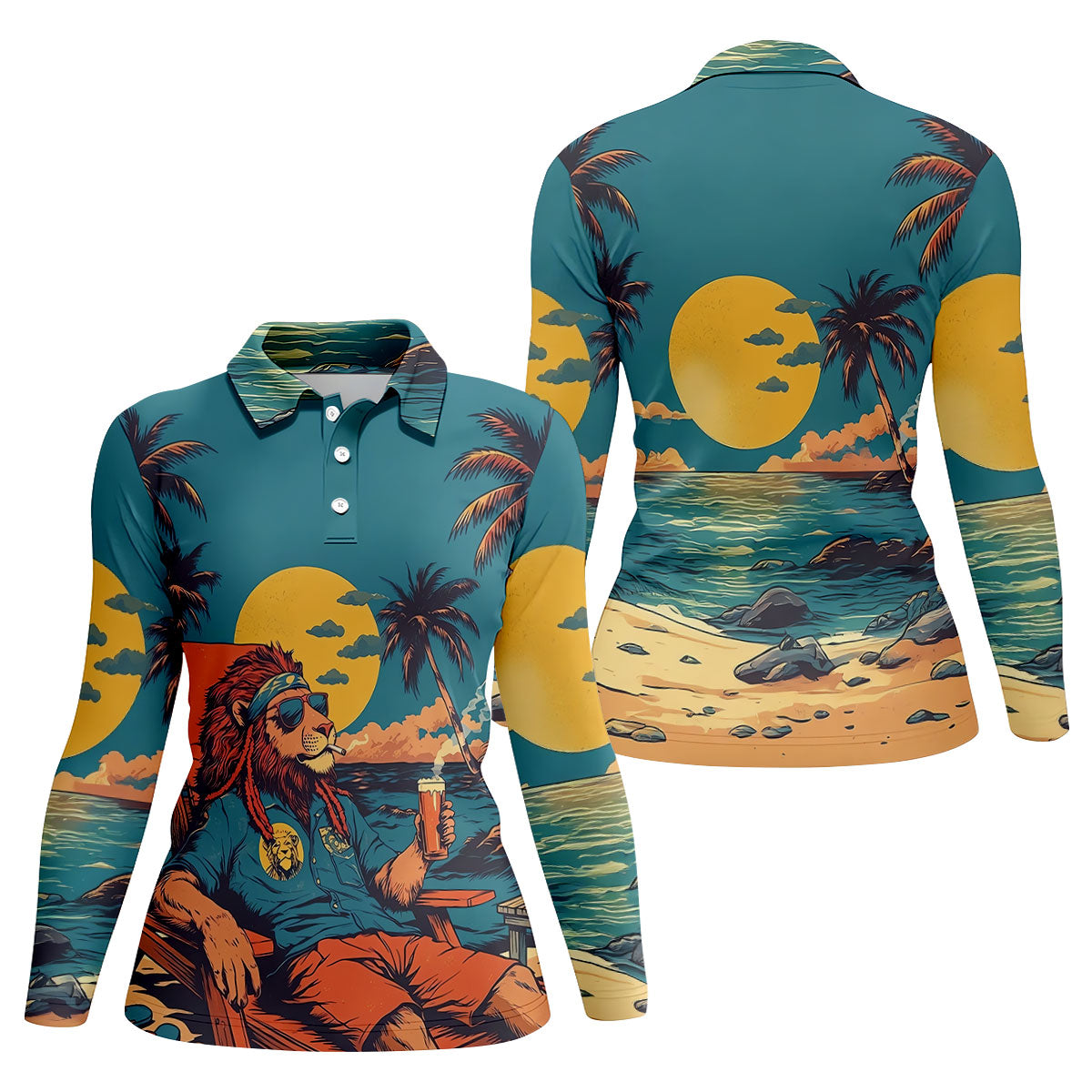 Beach Vibes Lion Sunset Teal Hawaiian Golf Polo, Golf Tops For Women, Golfing Apparel