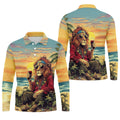 Tropical Lion Sunset Teal Hawaiian Golf Polo, Golf Tops For Men, Golfing Apparel