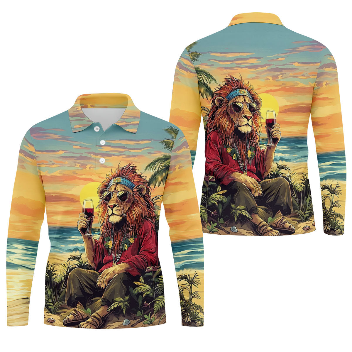 Tropical Lion Sunset Teal Hawaiian Golf Polo, Golf Tops For Men, Golfing Apparel