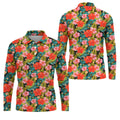 Red Hibicus Gold Palm Leaf Hawaiian Golf Shirt, Summer Theme Golf Shirts For Men