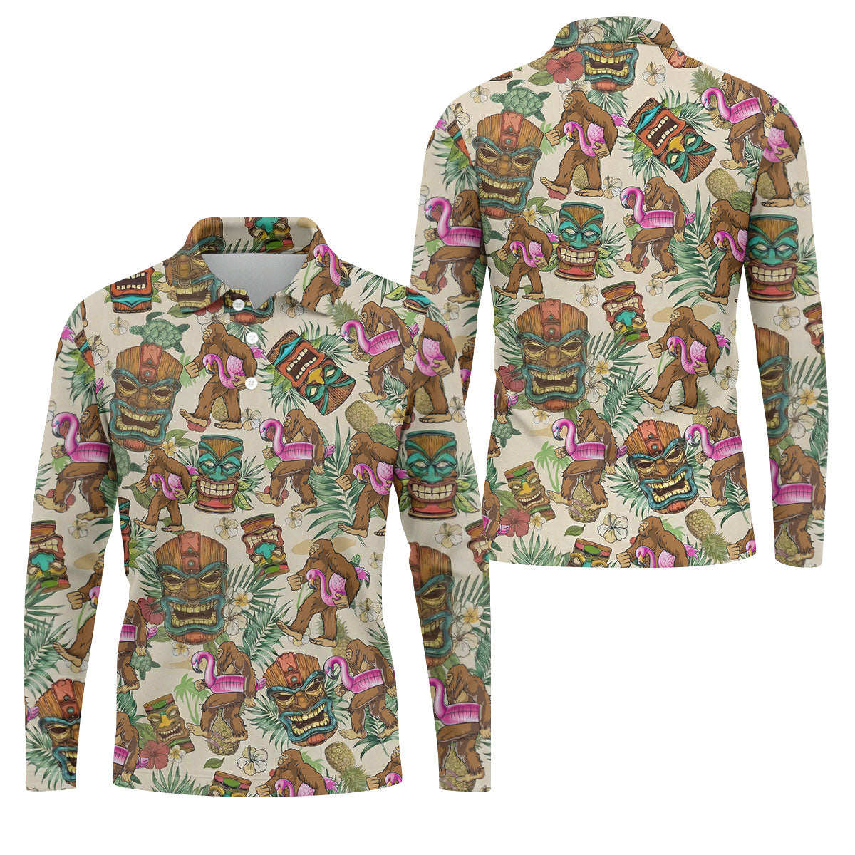 Tropical Bigfoot Adventure with Tiki Totems Design Hawaiian Golf Polo, Golf Tops For Men, Golfing Apparel