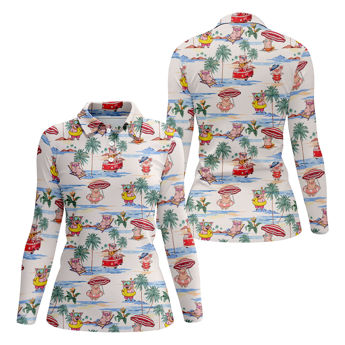 Cute Pig Beach Adventure Hawaiian Golf Polo, Golf Tops For Women, Golfing Apparel
