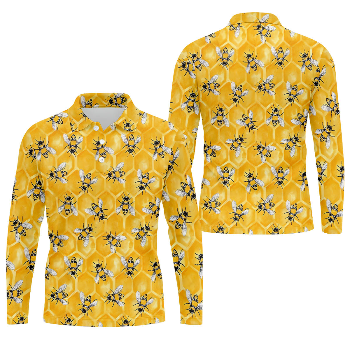 Realistic Flying Bees on Golden Honeycomb Hawaiian Golf Polo, Golf Tops For Men, Golfing Apparel