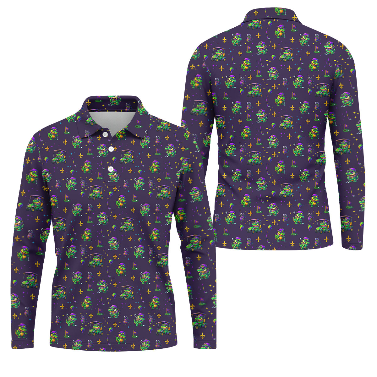 Funny Crocodile Mardi Gras Golf Shirts, Purple Golf Shirt, Golf Gift For Men, Golf Shirts For Men
