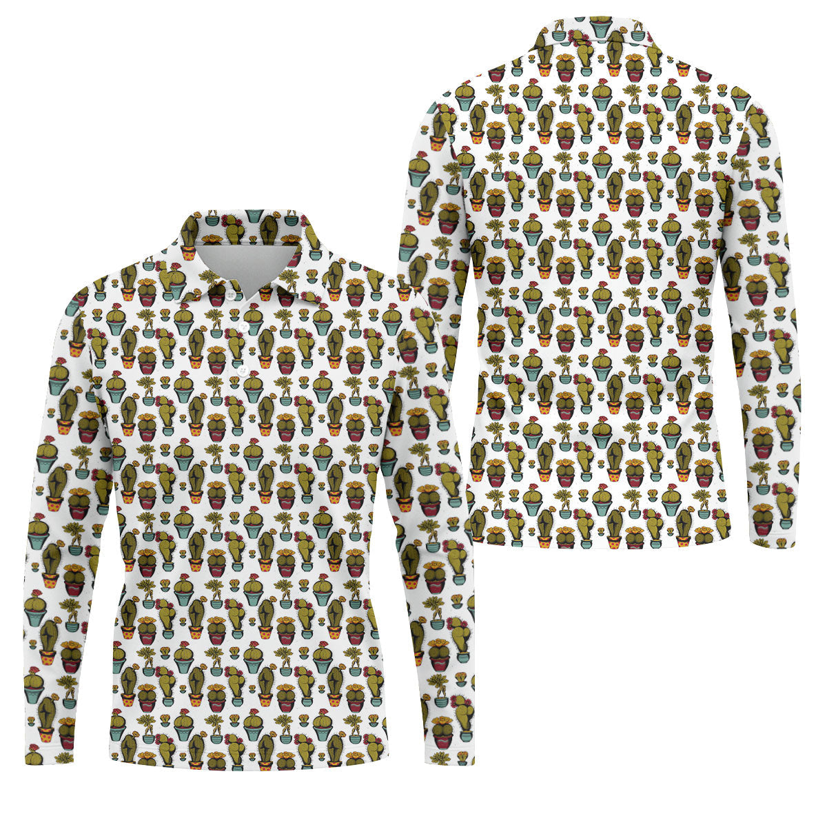 Funny Potted Cactus Pattern Men's Golf Polo Shirt, Adult Humor Golf Apparel For Men, Printed Golf Shirts