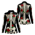 Skeleton Rib Cage And Red Roses Halloween Polo Shirt, Golf Tops For Women, Women’s Golf Polo