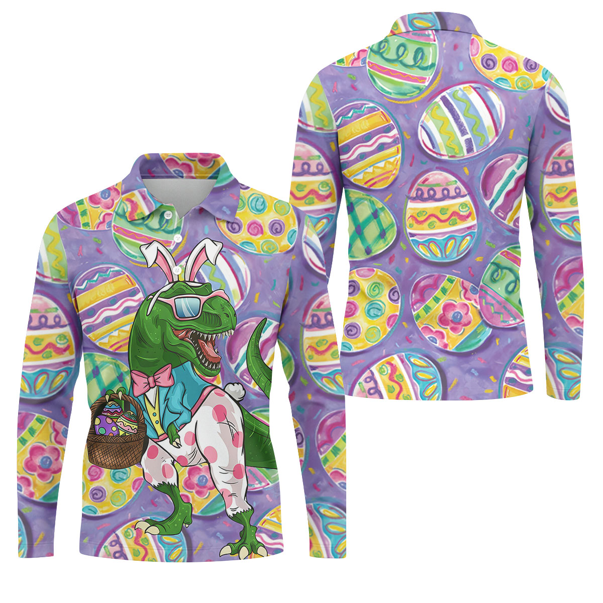 T-Rex Bunny Painted Easter Eggs Golf Shirts For Men, Men's Funny Golf Shirts, Polo Shirts For Men