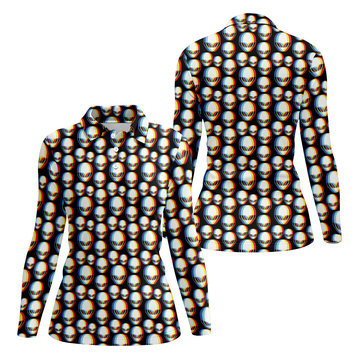 Retro Alien Head Pattern Golf Shirt, Women's Golf Tops, Ladies Golf Tops