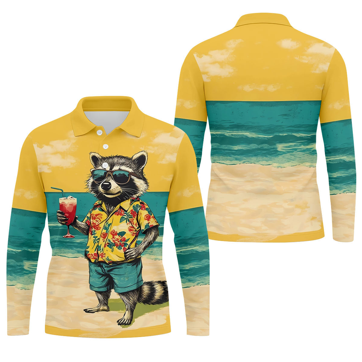 Cool Raccoon Tropical Yellow Hawaiian Golf Polo, Golf Tops For Men, Golfing Apparel