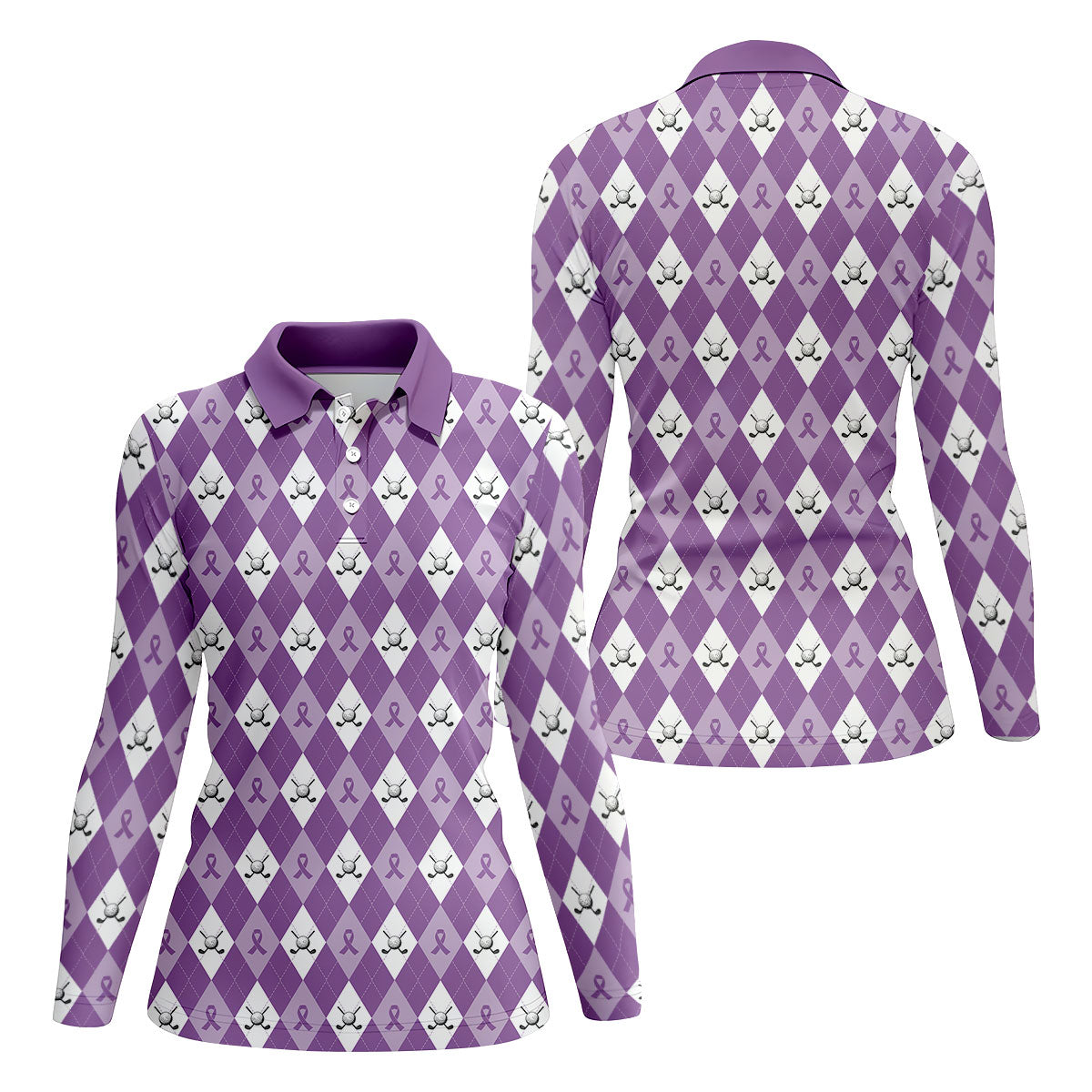 Pancreatic Cancer Purple And White Argyle Pattern Ladies Golf Shirts, Cancer Awareness Shirt