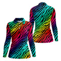 Rainbow Gradient LGBT Support Zebra Pattern Ladies Golf Tops, Pride Month Golf Shirt For Women