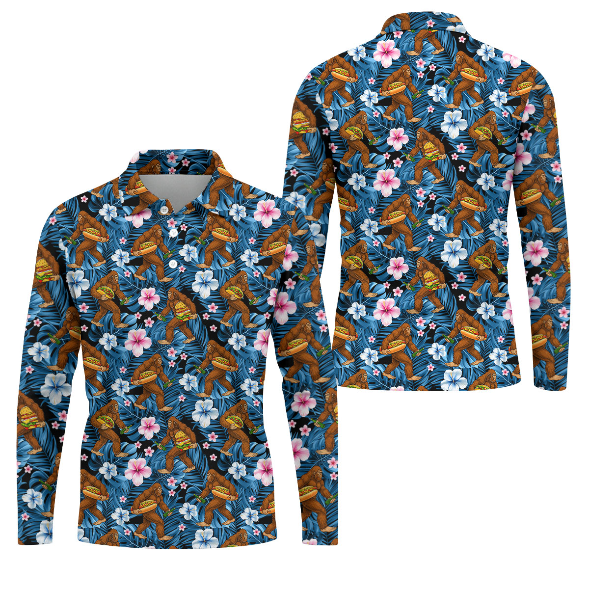 Tropical Bigfoot Burger Party Pattern Hawaiian Golf Polo, Golf Tops For Men, Golfing Apparel
