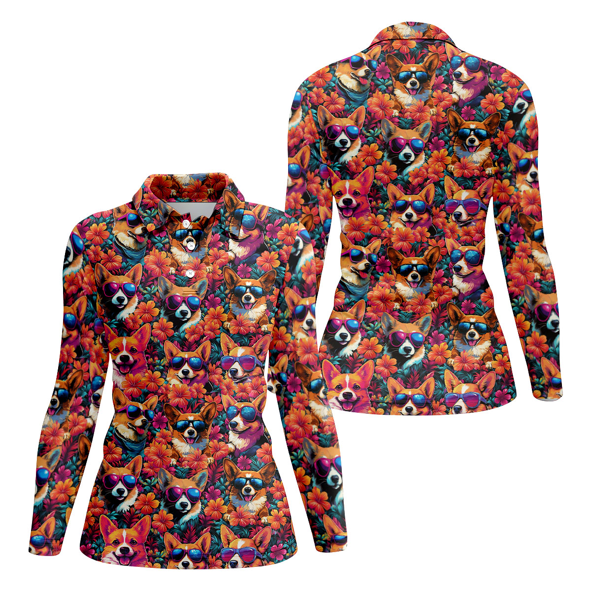 Tropical Corgi Floral Pattern Hawaiian Golf Polo, Golf Tops For Women, Golfing Apparel